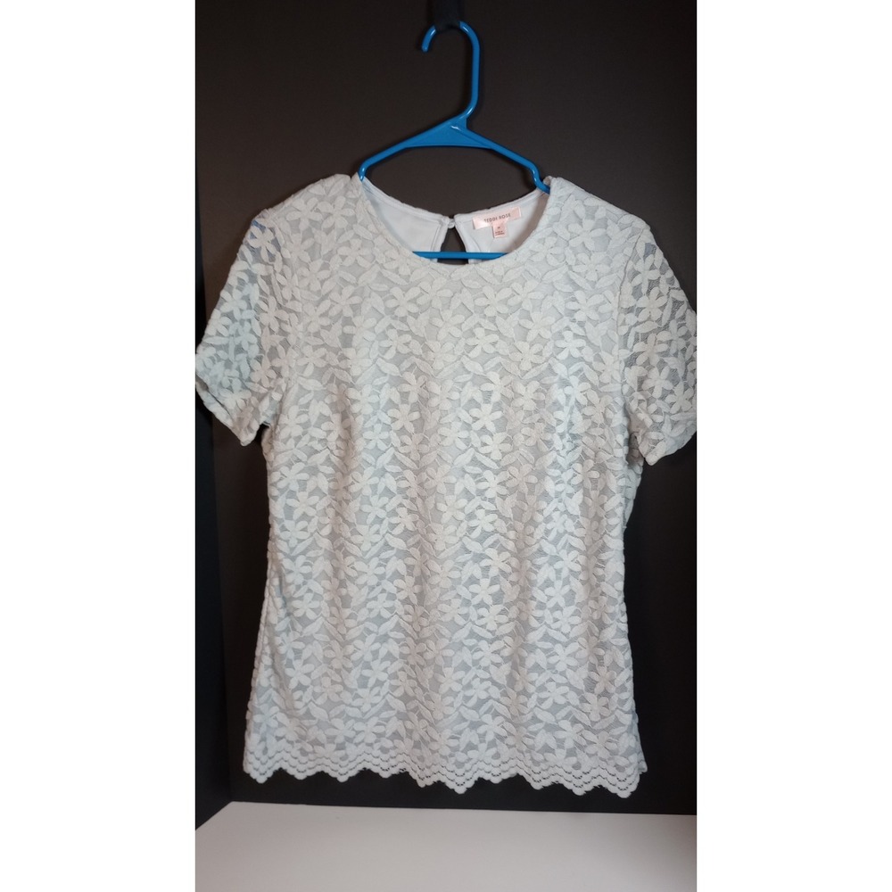 Teddi Rose Women's Crewneck Short Sleeve Blouse, Light Blue, Size M Cottagecore